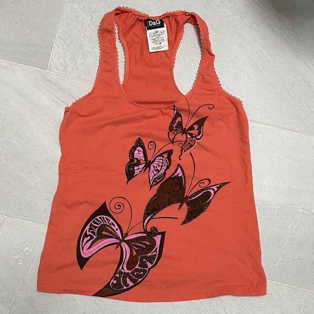 D&G Butterfly Racerback Tank Top Vintage Beaded Dolce & Gabbana Orange Y2K